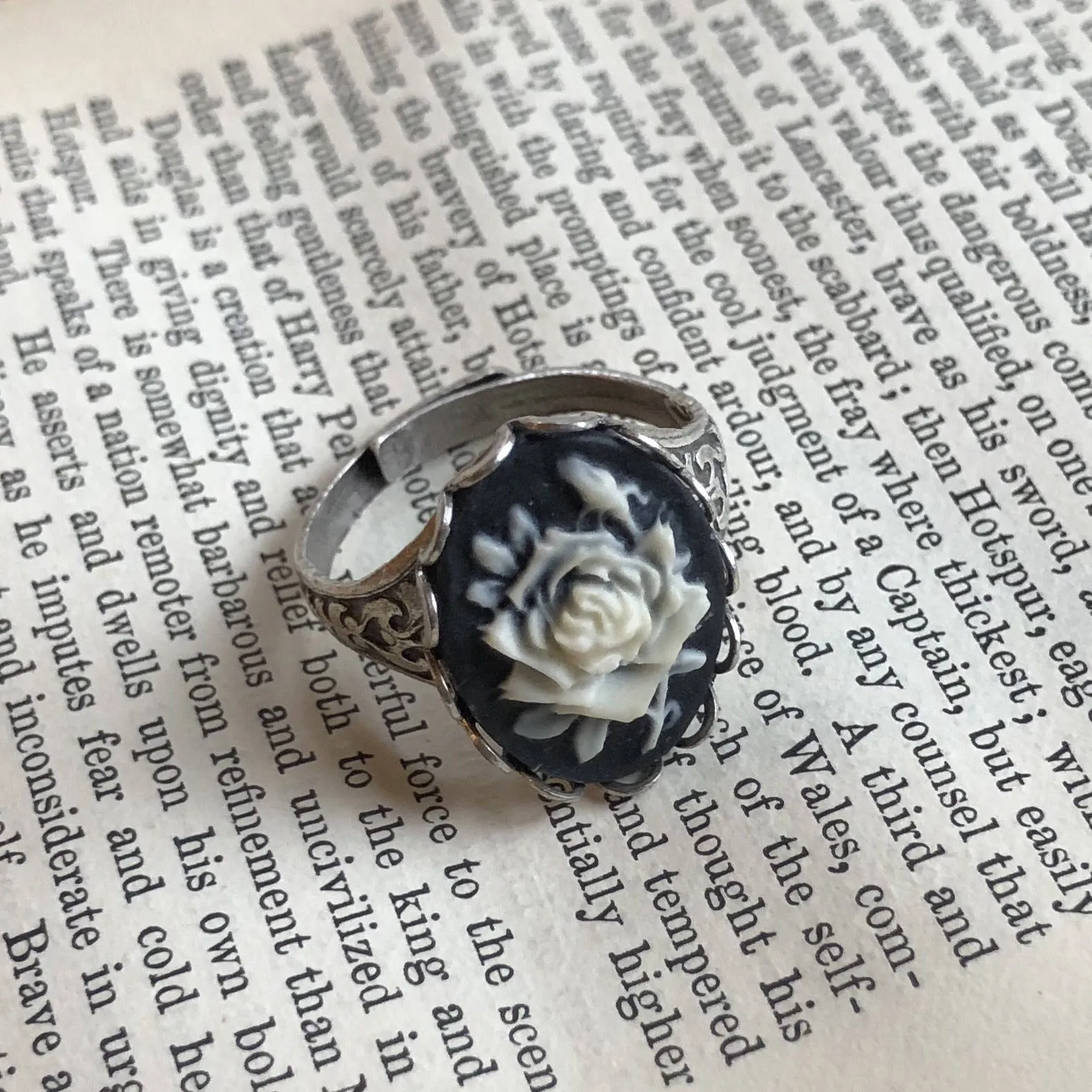 Black Rose Cameo Ring in Antique Brass or Silver