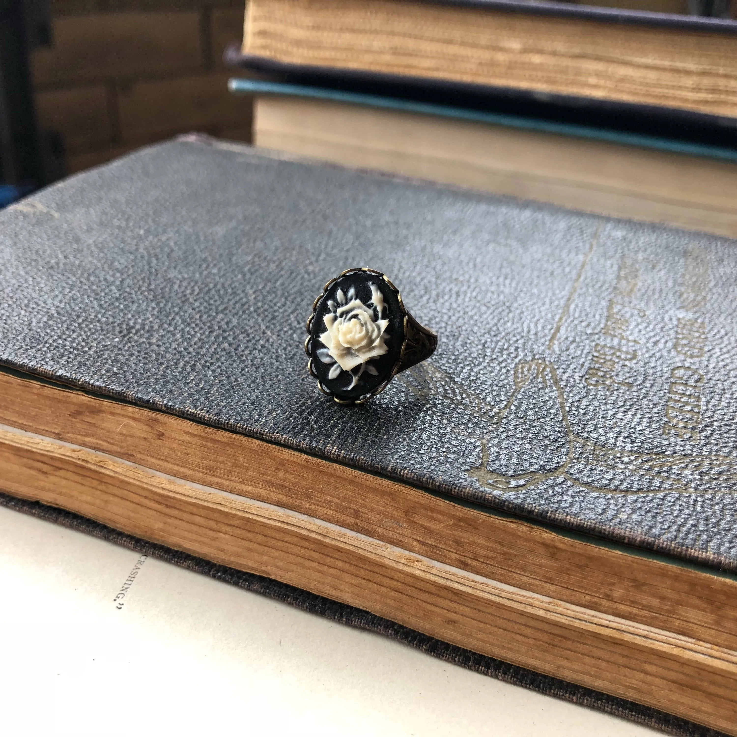 Black Rose Cameo Ring in Antique Brass or Silver