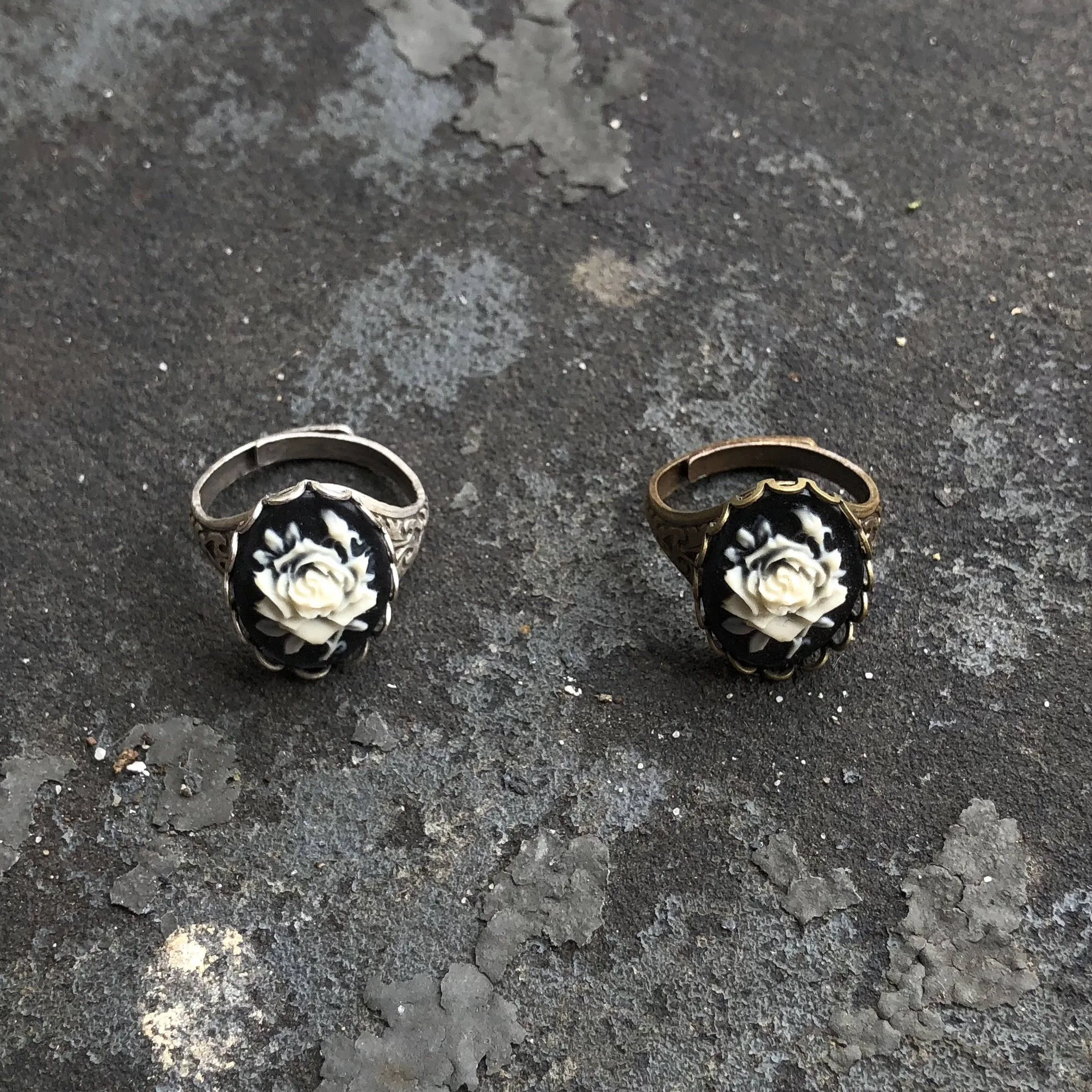 Black Rose Cameo Ring in Antique Brass or Silver