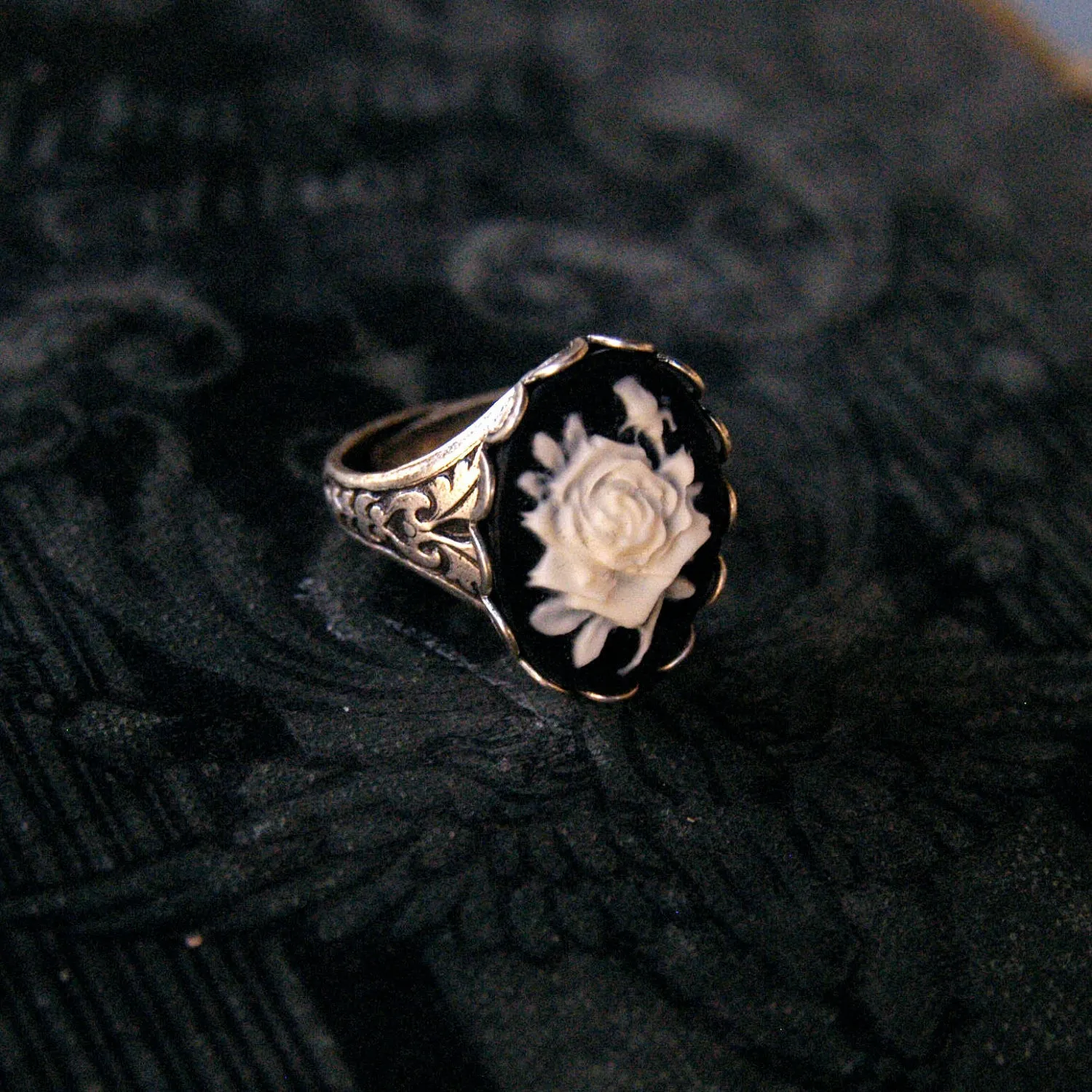 Black Rose Cameo Ring in Antique Brass or Silver