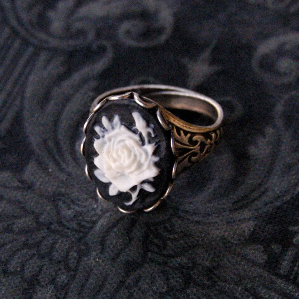 Black Rose Cameo Ring in Antique Brass or Silver