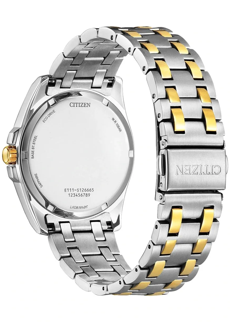 CITIZEN GENTS ECO-DRIVE PATTERN SILVER DIAL BI-TONE BRACELET BM7534-59A