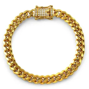 CZ Diamond Lock Gold Steel Cuban Bracelet 8MM