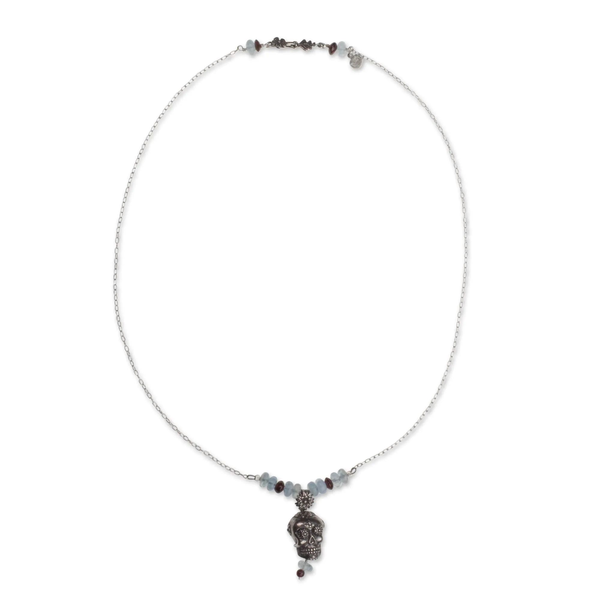 Day of the Dead Silver Necklace with Garnet and Quartz - Cempazuchitl Skull | NOVICA