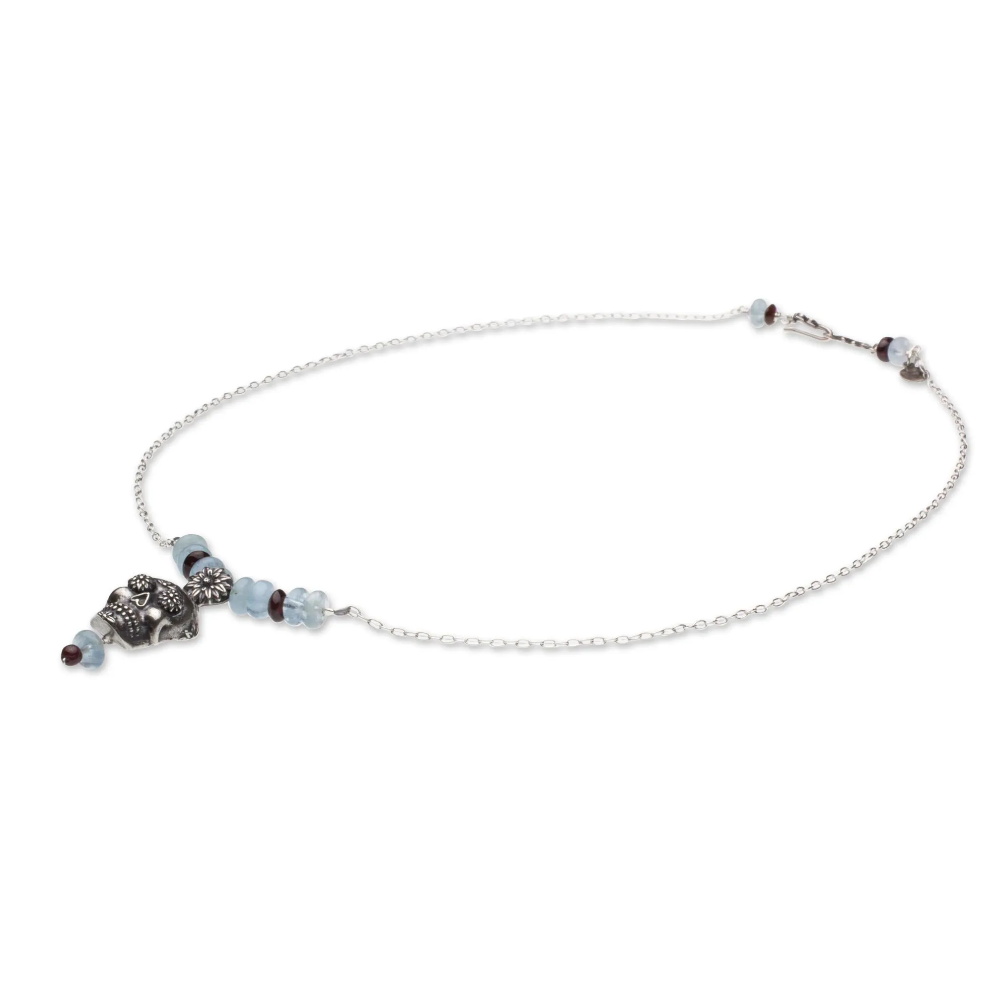 Day of the Dead Silver Necklace with Garnet and Quartz - Cempazuchitl Skull | NOVICA