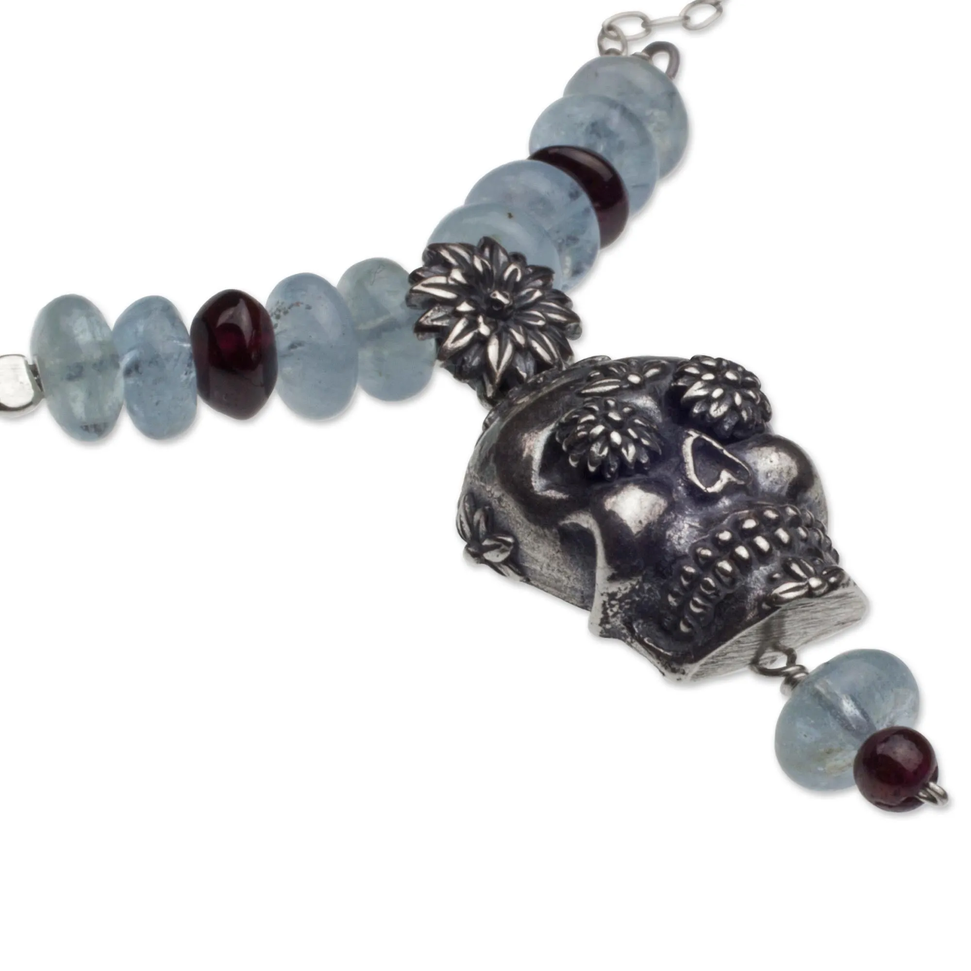 Day of the Dead Silver Necklace with Garnet and Quartz - Cempazuchitl Skull | NOVICA