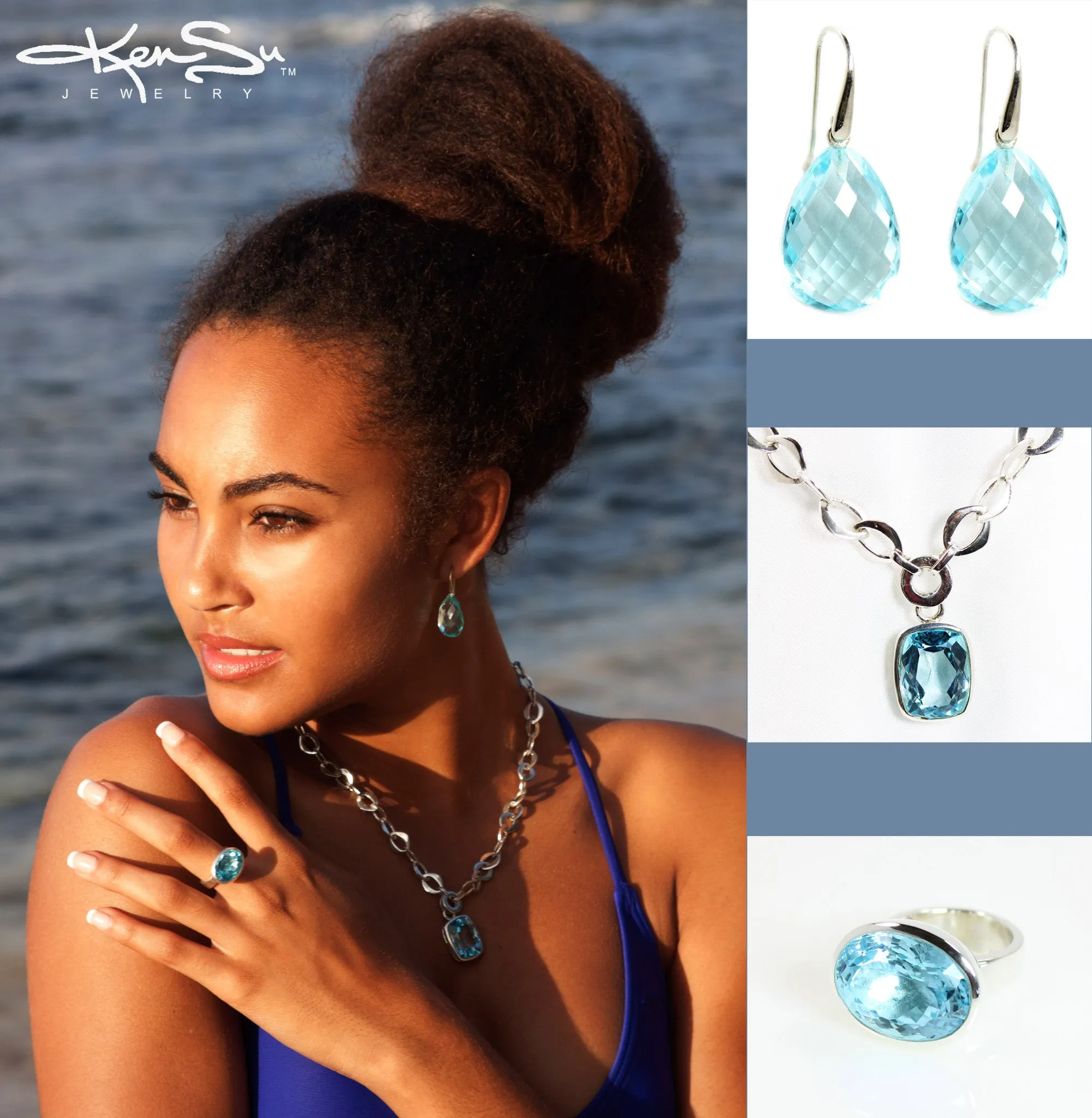Earrings - Drop Almond Shape Blue Topaz & Sterling Silver