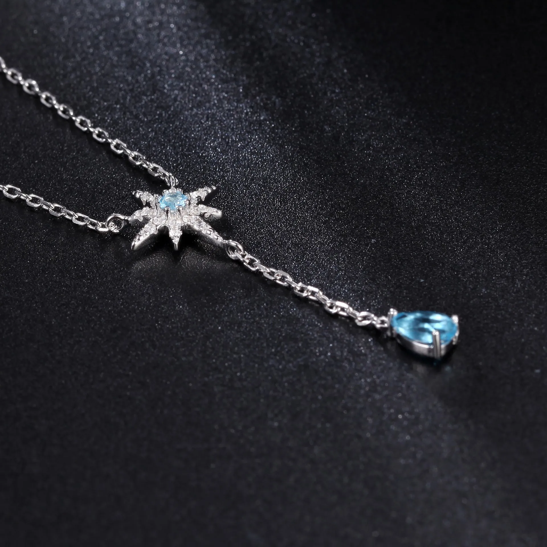 French Romantic Luxury Creative Design Inlaid Natural Topaz Star with Pear Drop Pendant Necklace for Women