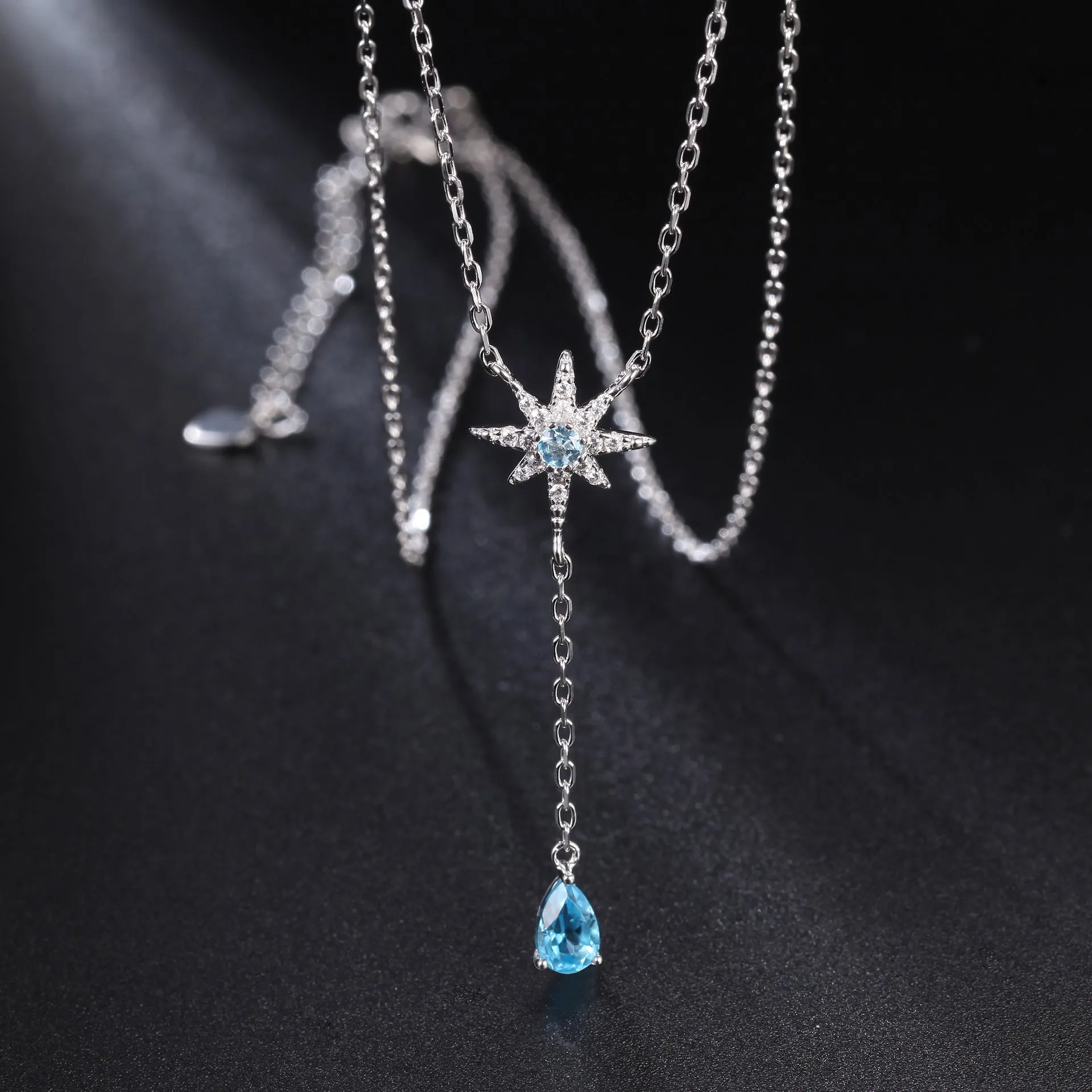 French Romantic Luxury Creative Design Inlaid Natural Topaz Star with Pear Drop Pendant Necklace for Women