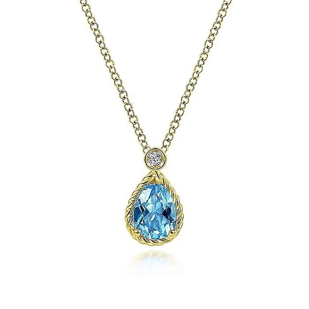 Gabriel & Co. 14K Yellow Gold Pear Shape Blue Topaz Pendant Necklace with Bezel Set Diamond