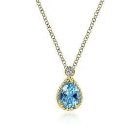 Gabriel & Co. 14K Yellow Gold Pear Shape Blue Topaz Pendant Necklace with Bezel Set Diamond