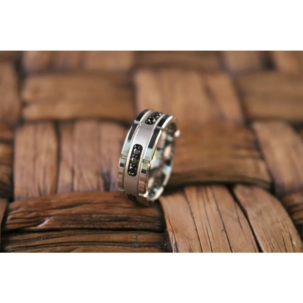 Genuine Black Diamonds Silver Tungsten Wedding Ring Multiple Black Diamonds - 8mm
