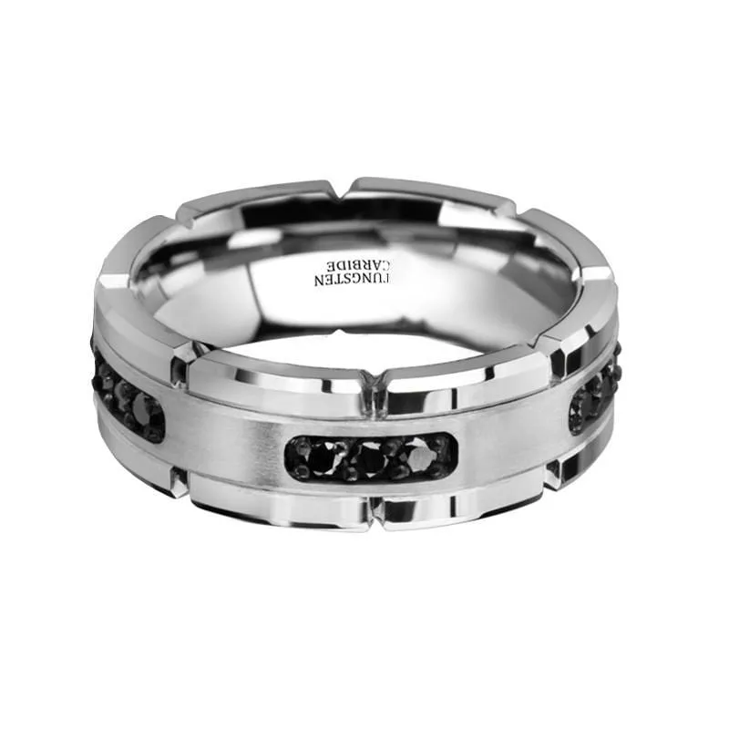 Genuine Black Diamonds Silver Tungsten Wedding Ring Multiple Black Diamonds - 8mm