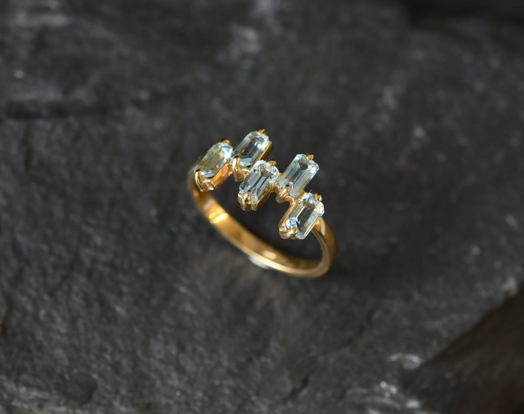 Gold Blue Topaz Ring - Natural Blue Topaz Ring, Blue Baguette Gold Ring