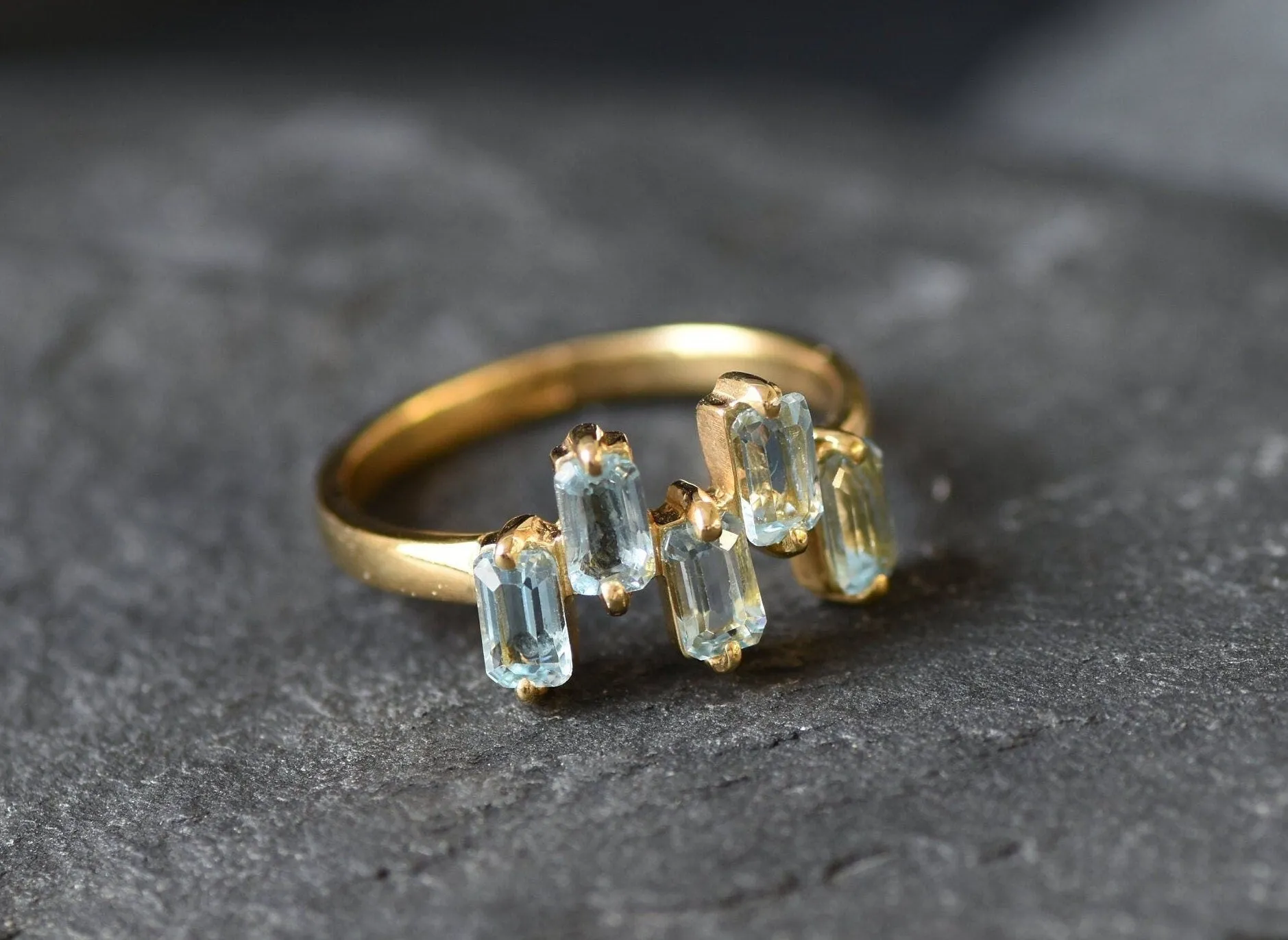 Gold Blue Topaz Ring - Natural Blue Topaz Ring, Blue Baguette Gold Ring