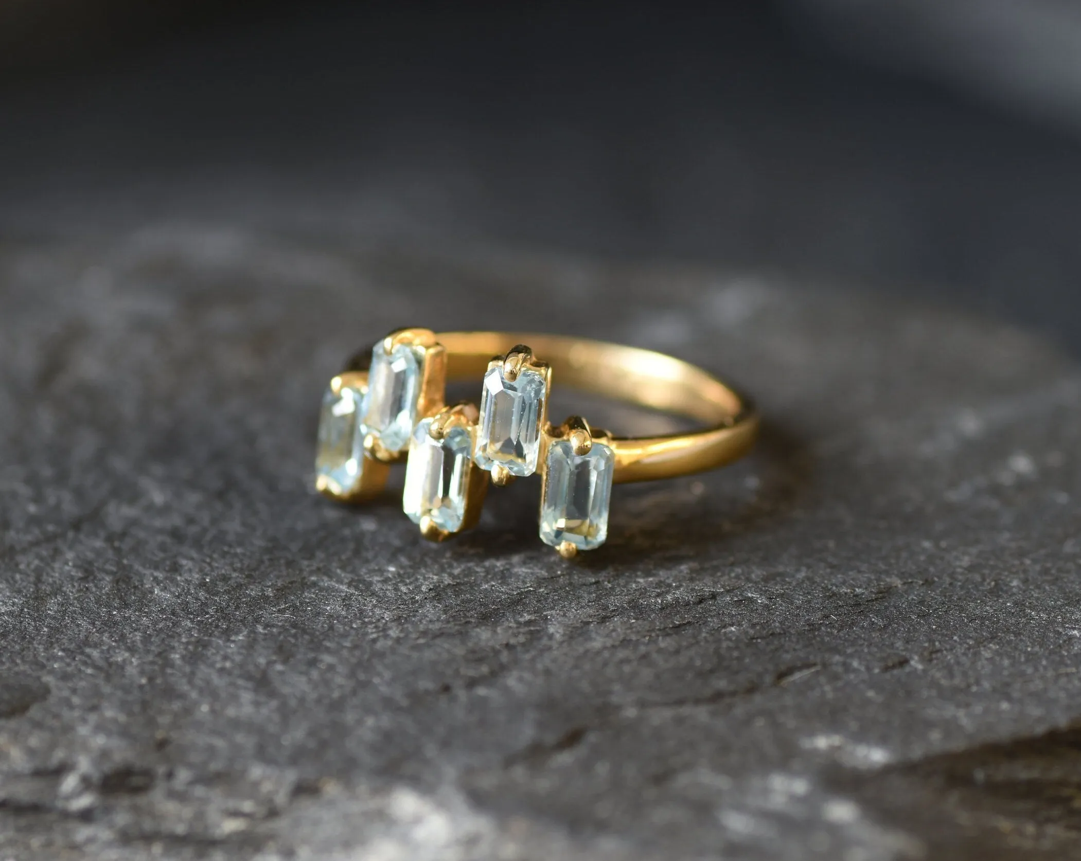 Gold Blue Topaz Ring - Natural Blue Topaz Ring, Blue Baguette Gold Ring