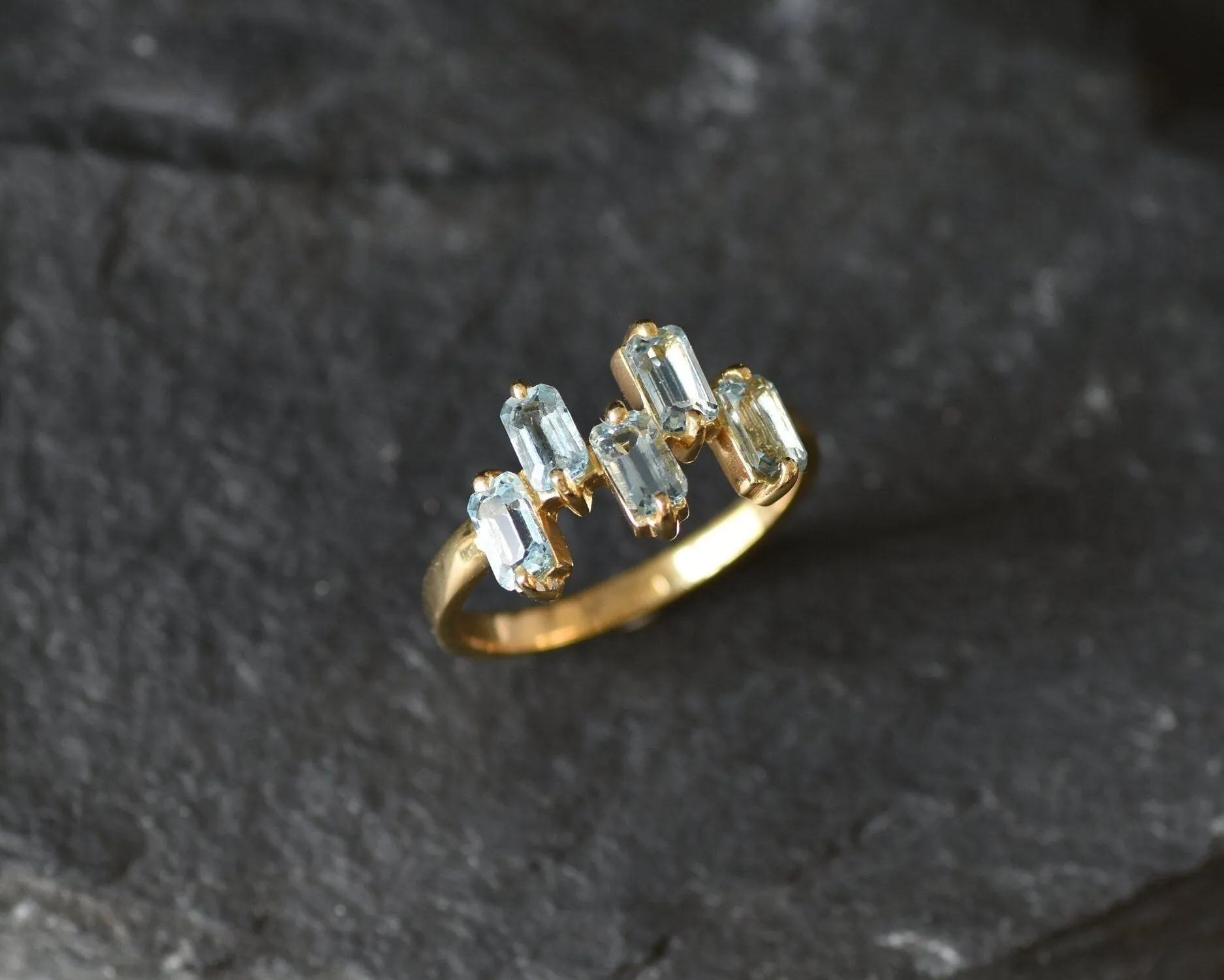 Gold Blue Topaz Ring - Natural Blue Topaz Ring, Blue Baguette Gold Ring