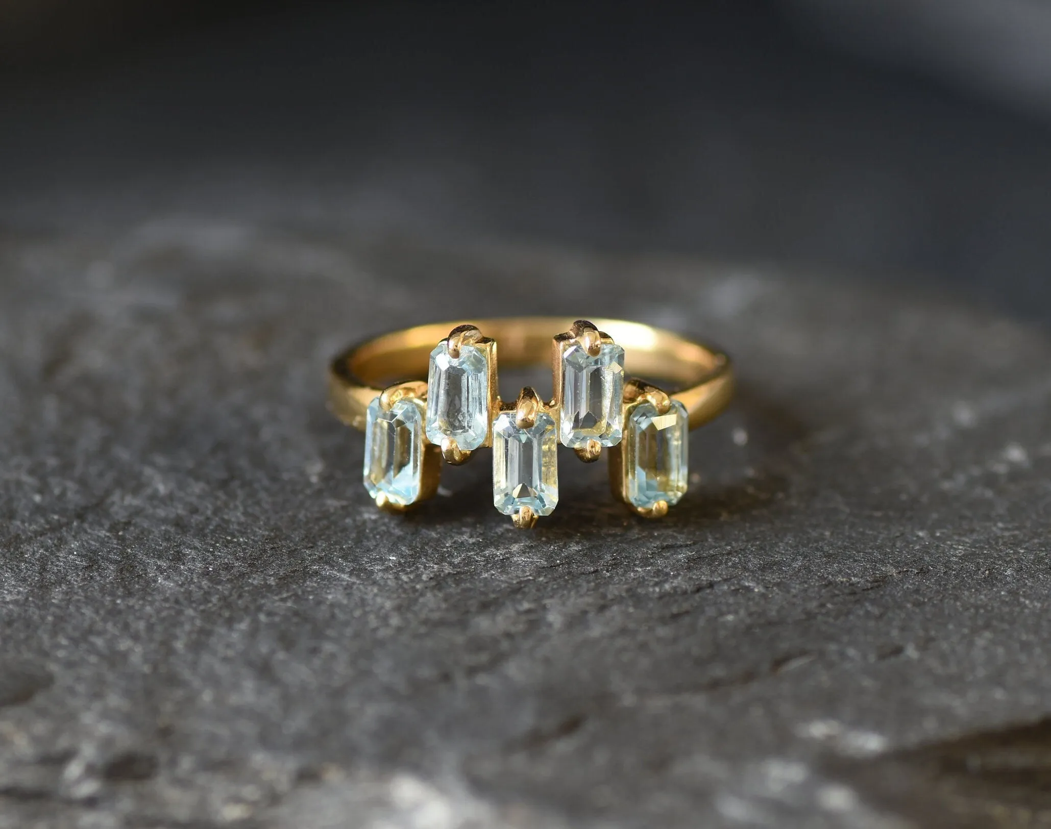 Gold Blue Topaz Ring - Natural Blue Topaz Ring, Blue Baguette Gold Ring