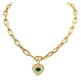 Gold Cubic Zirconia Pave Heart Chain Necklace