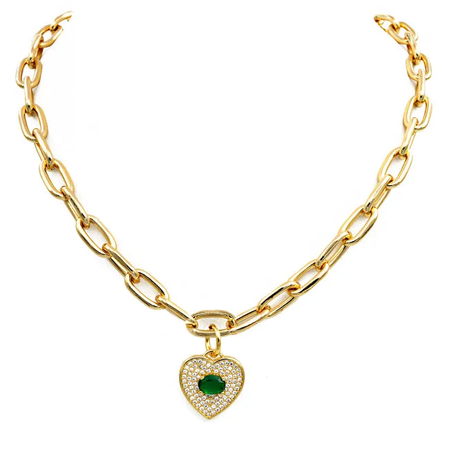 Gold Cubic Zirconia Pave Heart Chain Necklace