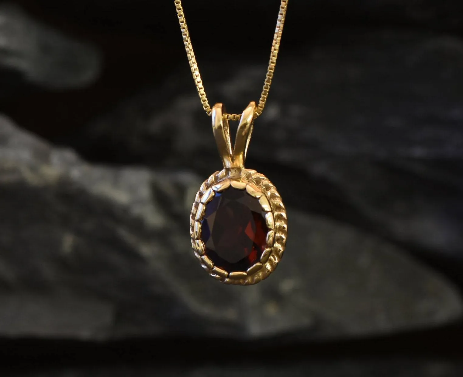 Gold Garnet Pendant - Natural Garnet Necklace, Vintage Garnet Pendant
