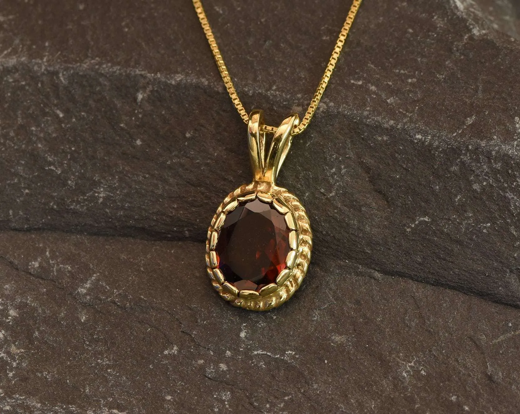 Gold Garnet Pendant - Natural Garnet Necklace, Vintage Garnet Pendant