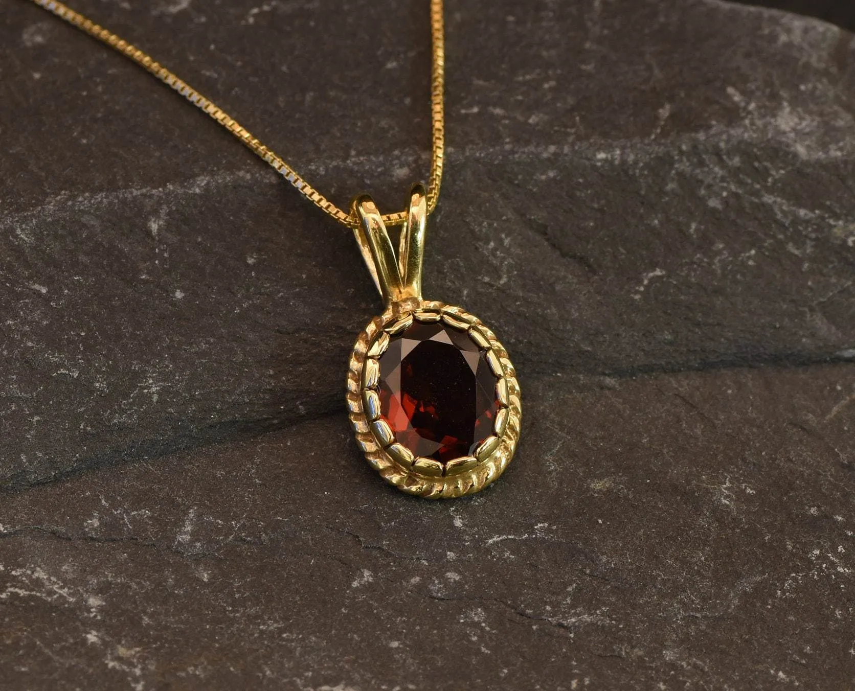 Gold Garnet Pendant - Natural Garnet Necklace, Vintage Garnet Pendant