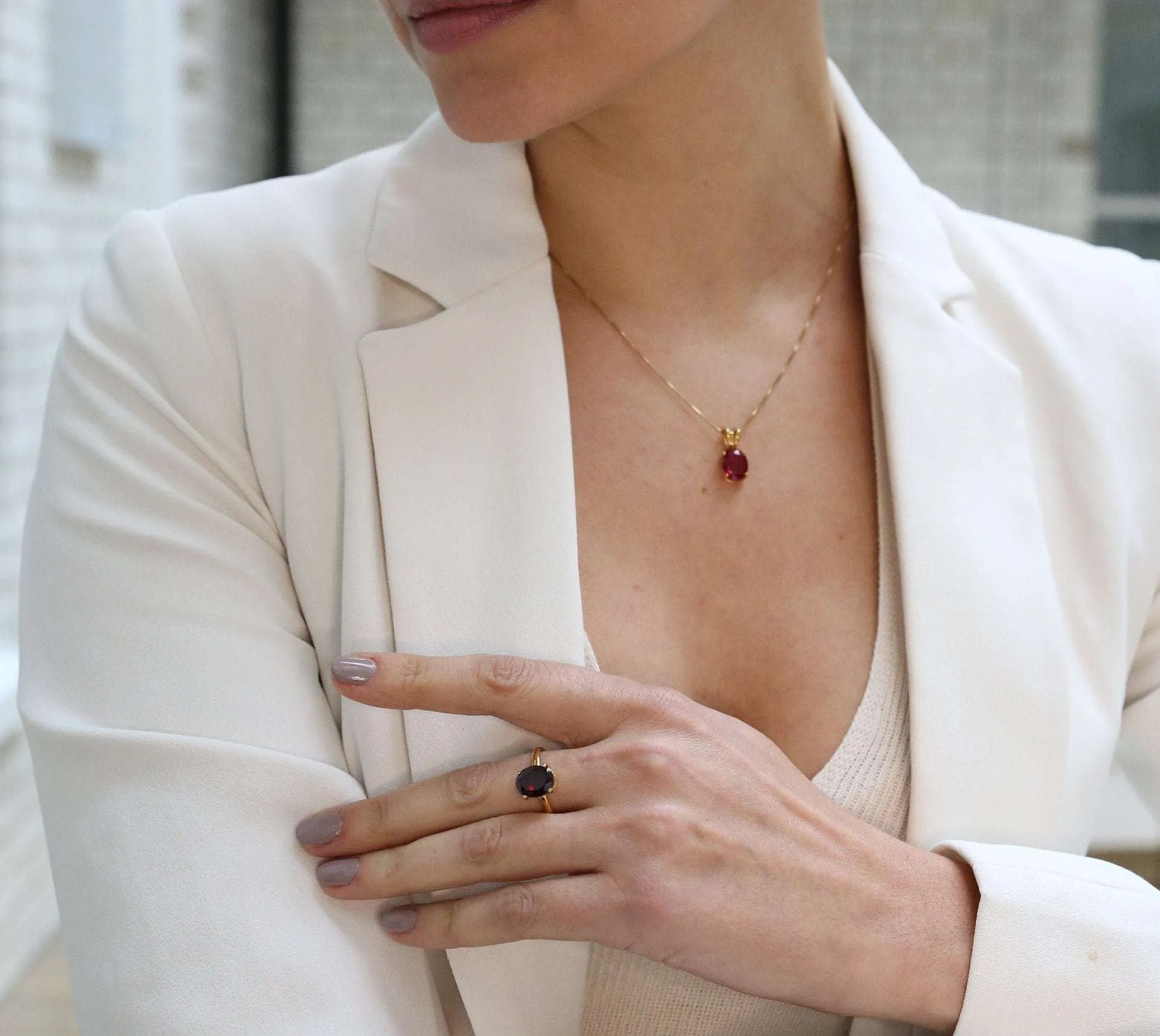 Gold Garnet Pendant - Red Oval Necklace - January Birthstone Pendant