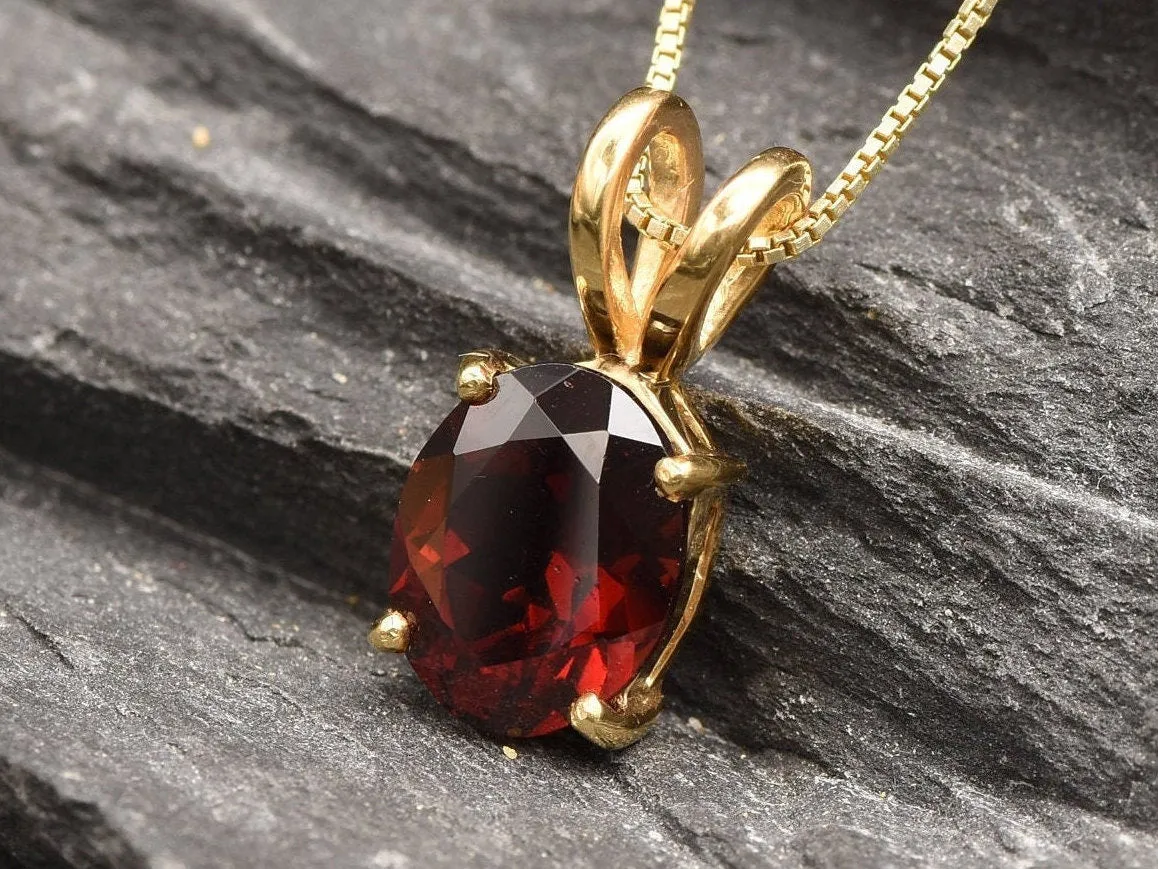 Gold Garnet Pendant - Red Oval Necklace - January Birthstone Pendant