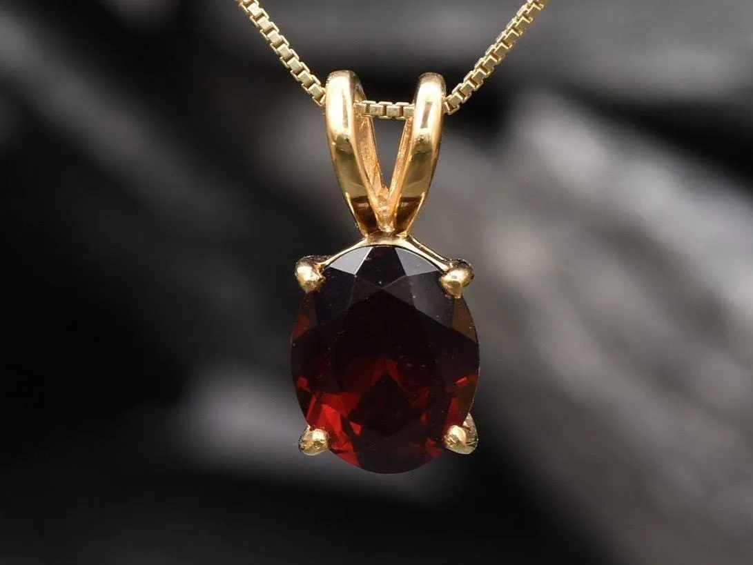 Gold Garnet Pendant - Red Oval Necklace - January Birthstone Pendant