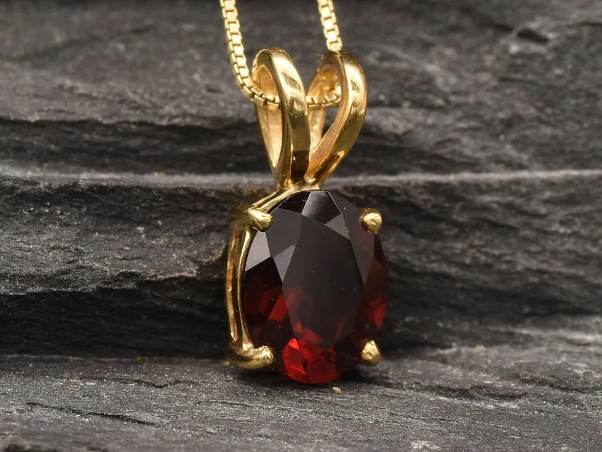 Gold Garnet Pendant - Red Oval Necklace - January Birthstone Pendant