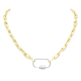 Gold Linked Chain Necklace with Silver CZ Station
