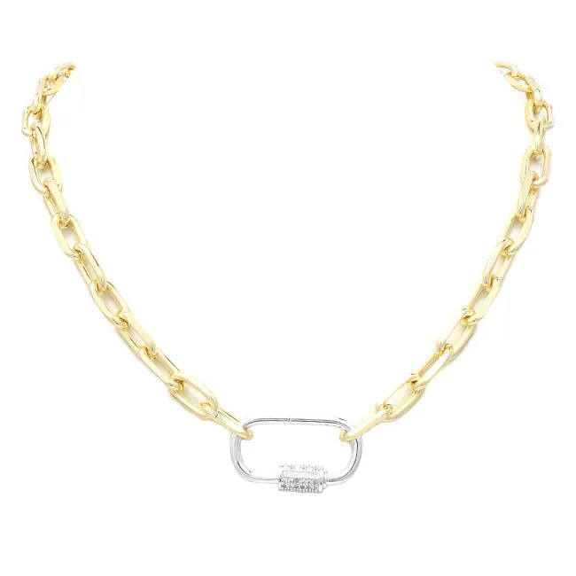 Gold Linked Chain Necklace with Silver CZ Station