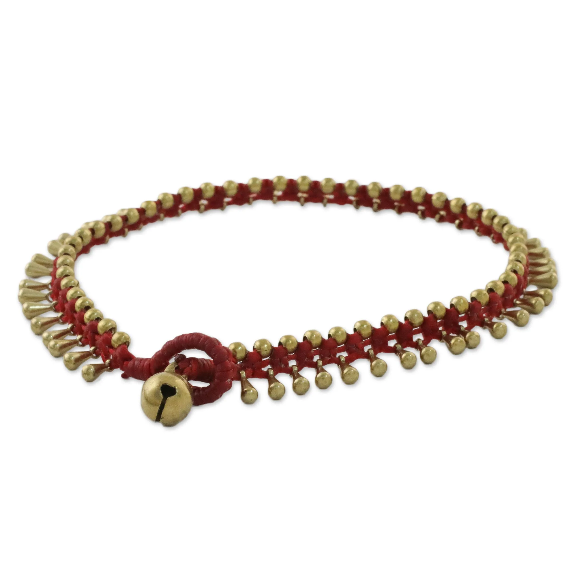Handmade Red Knotted Brass Beaded Red Cord Anklet - Lunar Red | NOVICA