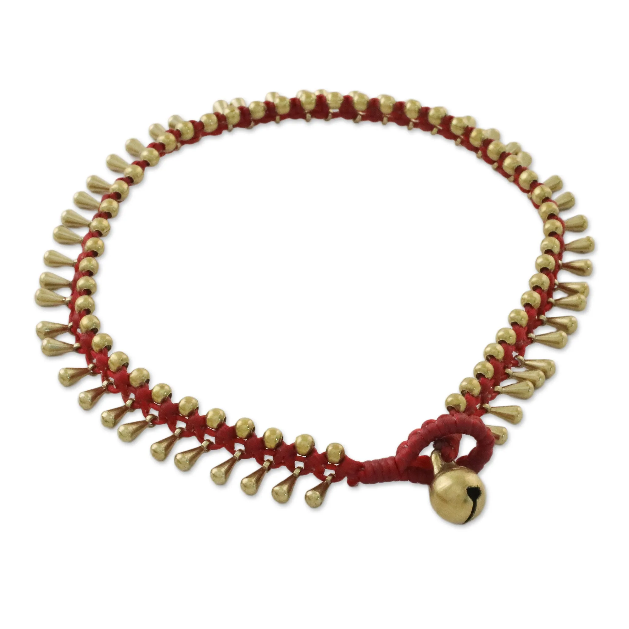 Handmade Red Knotted Brass Beaded Red Cord Anklet - Lunar Red | NOVICA