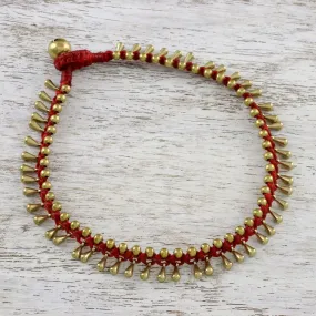 Handmade Red Knotted Brass Beaded Red Cord Anklet - Lunar Red | NOVICA