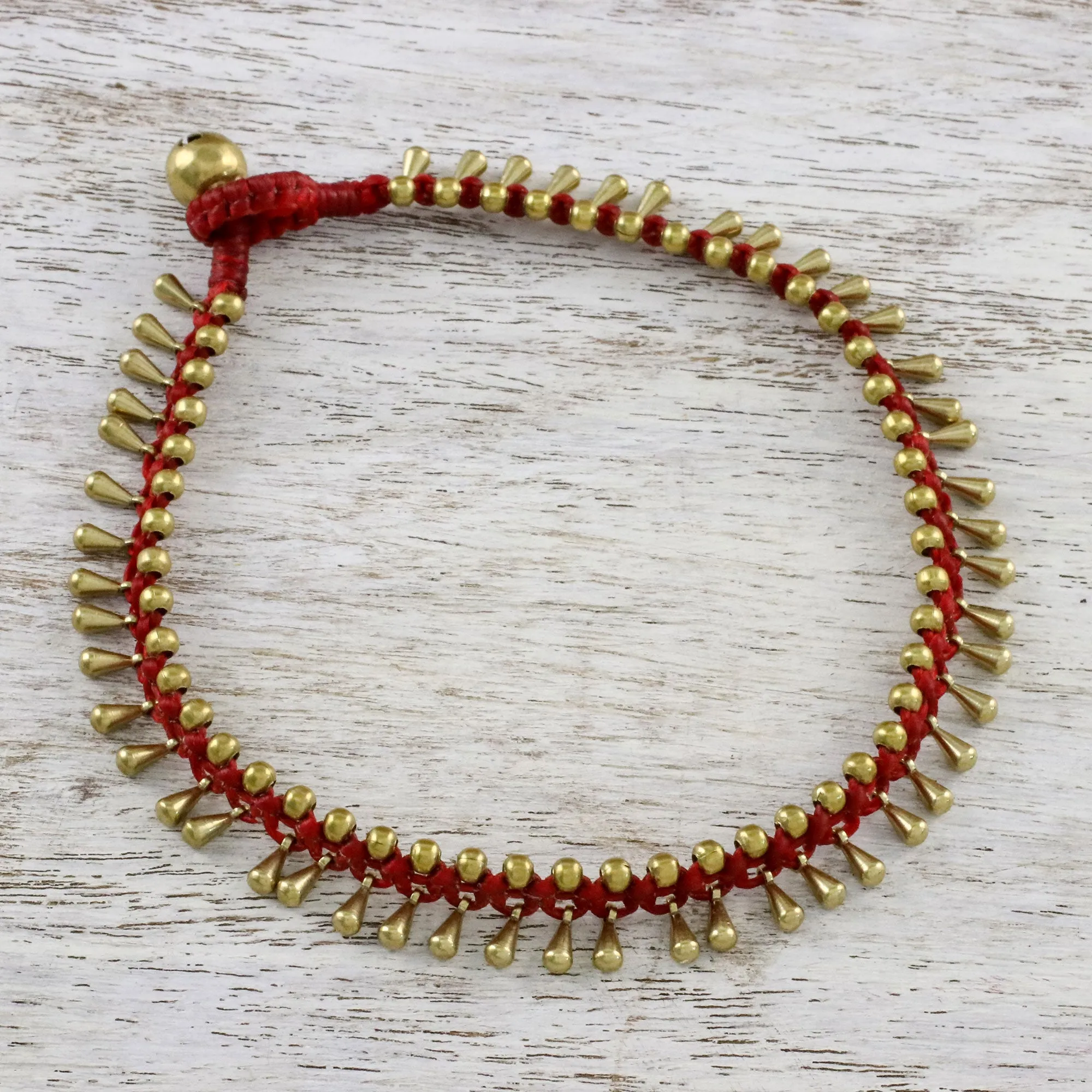 Handmade Red Knotted Brass Beaded Red Cord Anklet - Lunar Red | NOVICA