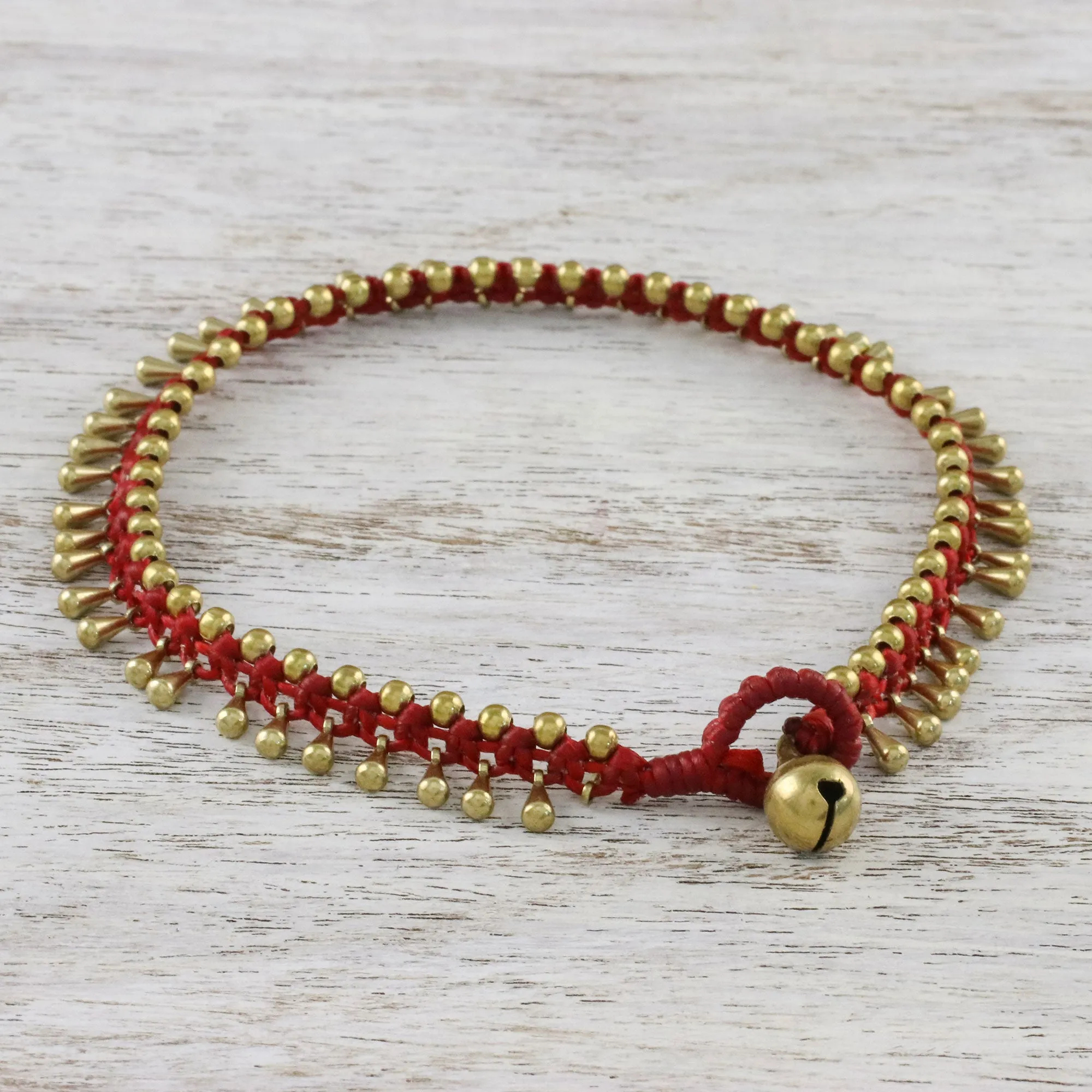 Handmade Red Knotted Brass Beaded Red Cord Anklet - Lunar Red | NOVICA