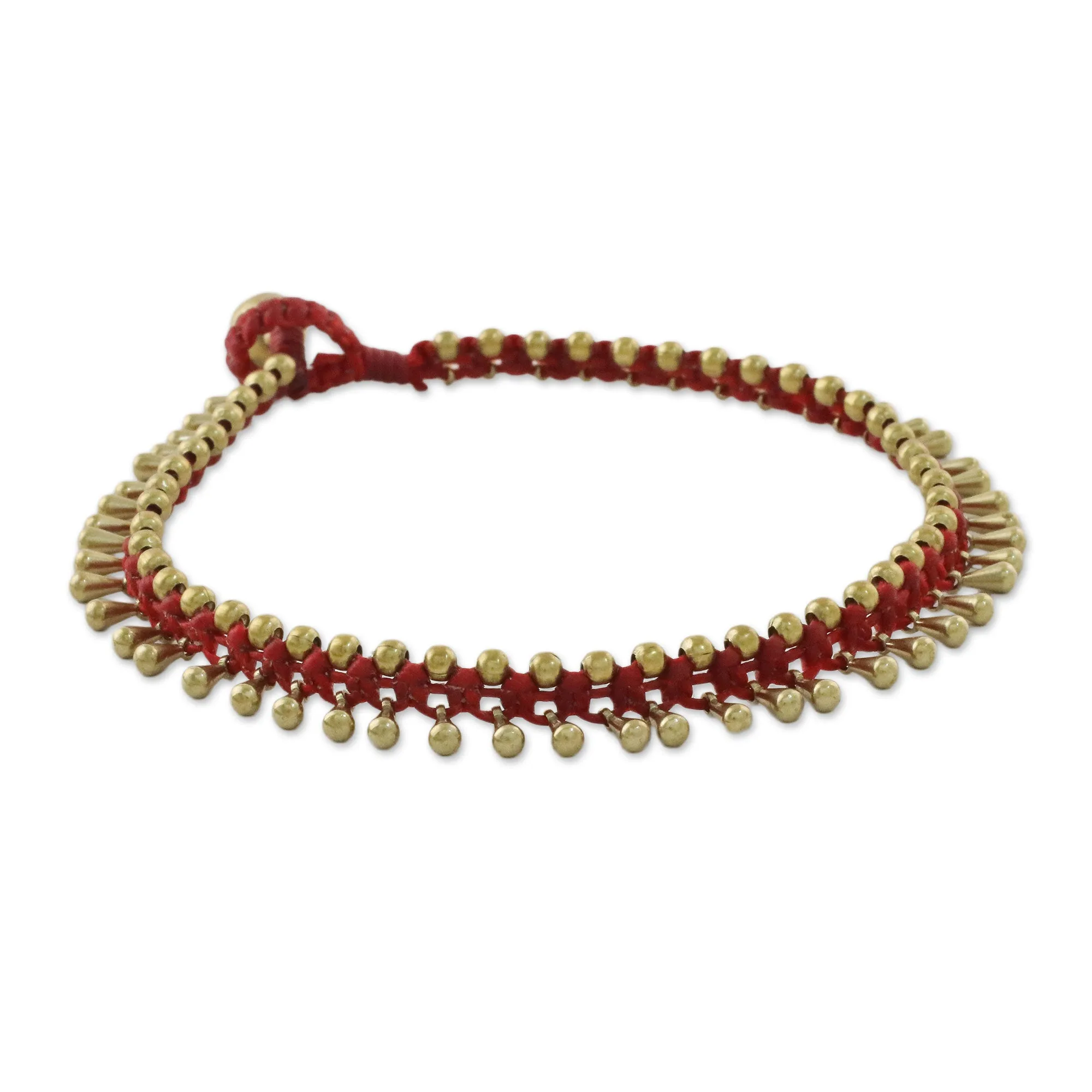 Handmade Red Knotted Brass Beaded Red Cord Anklet - Lunar Red | NOVICA