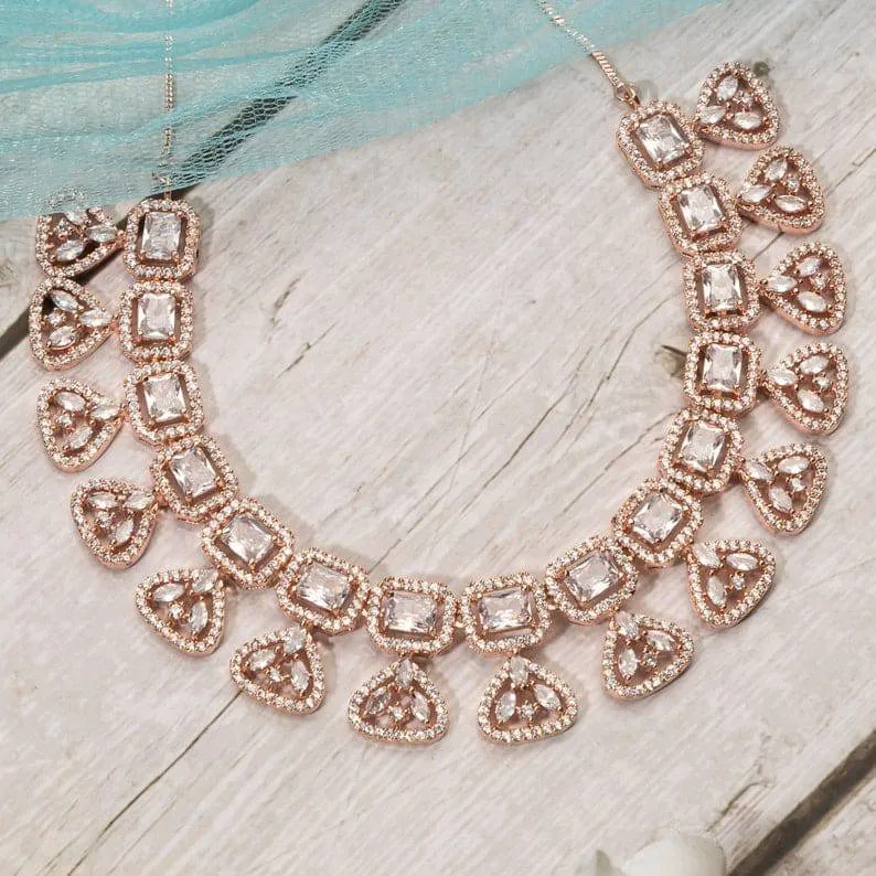 Hania- Rose Gold American Diamond CZ Necklace set