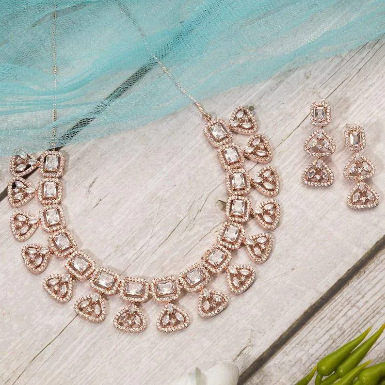 Hania- Rose Gold American Diamond CZ Necklace set