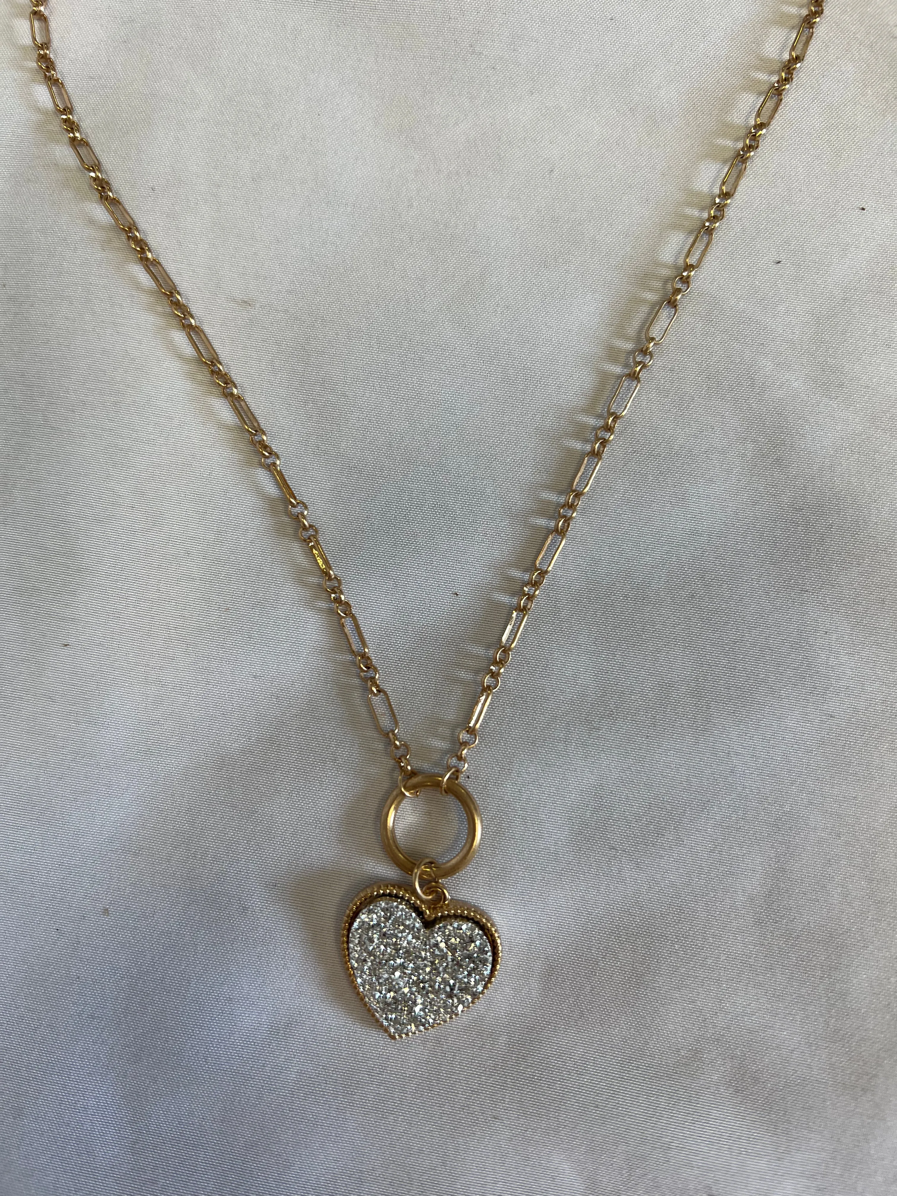 Heart Circle Druzy Necklace - Silver