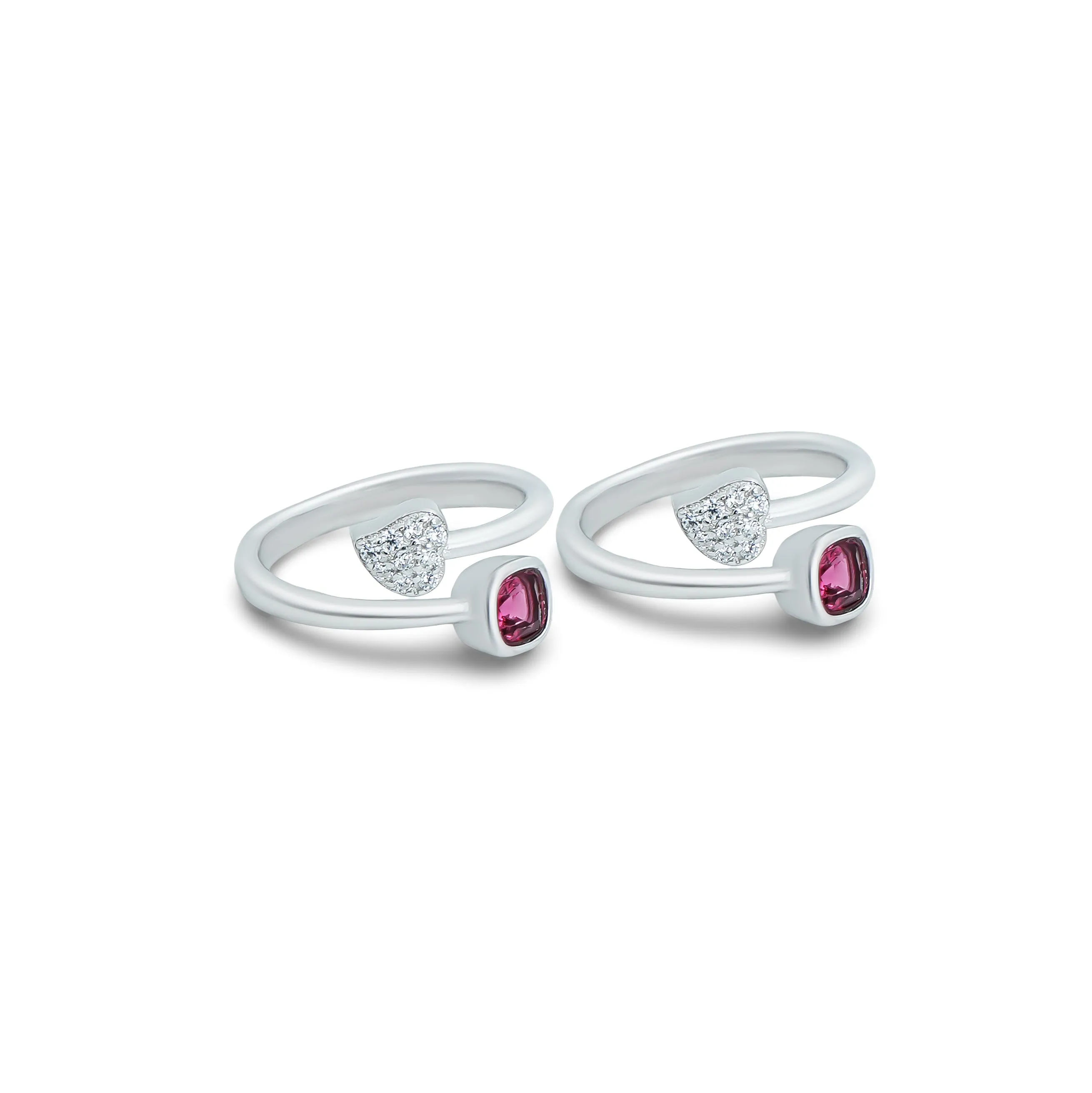 Heart Shaped Design Silver Toe Ring with Pink Gemstone