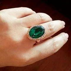 High Society Classic Oval Emerald and Diamond Austrian Crystal Halo Cocktail Ring for Women