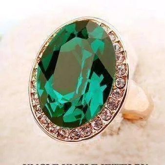High Society Classic Oval Emerald and Diamond Austrian Crystal Halo Cocktail Ring for Women