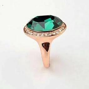 High Society Classic Oval Emerald and Diamond Austrian Crystal Halo Cocktail Ring for Women