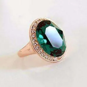 High Society Classic Oval Emerald and Diamond Austrian Crystal Halo Cocktail Ring for Women