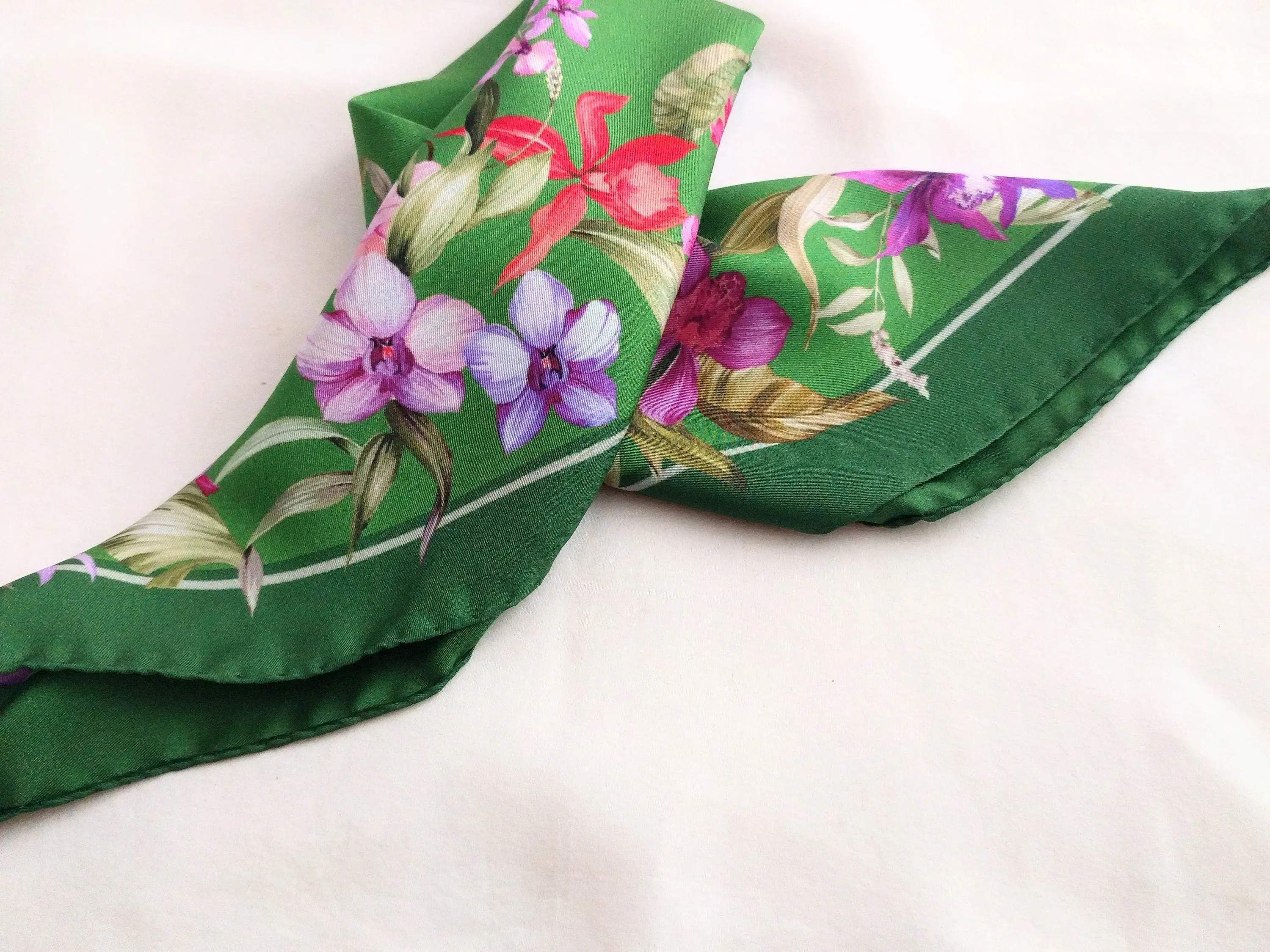 Italian Silk Scarf – Small Green Como Silk Scarf, Magenta & Red Accents, Made in Italy, 19.5" Square with Rolled Edges