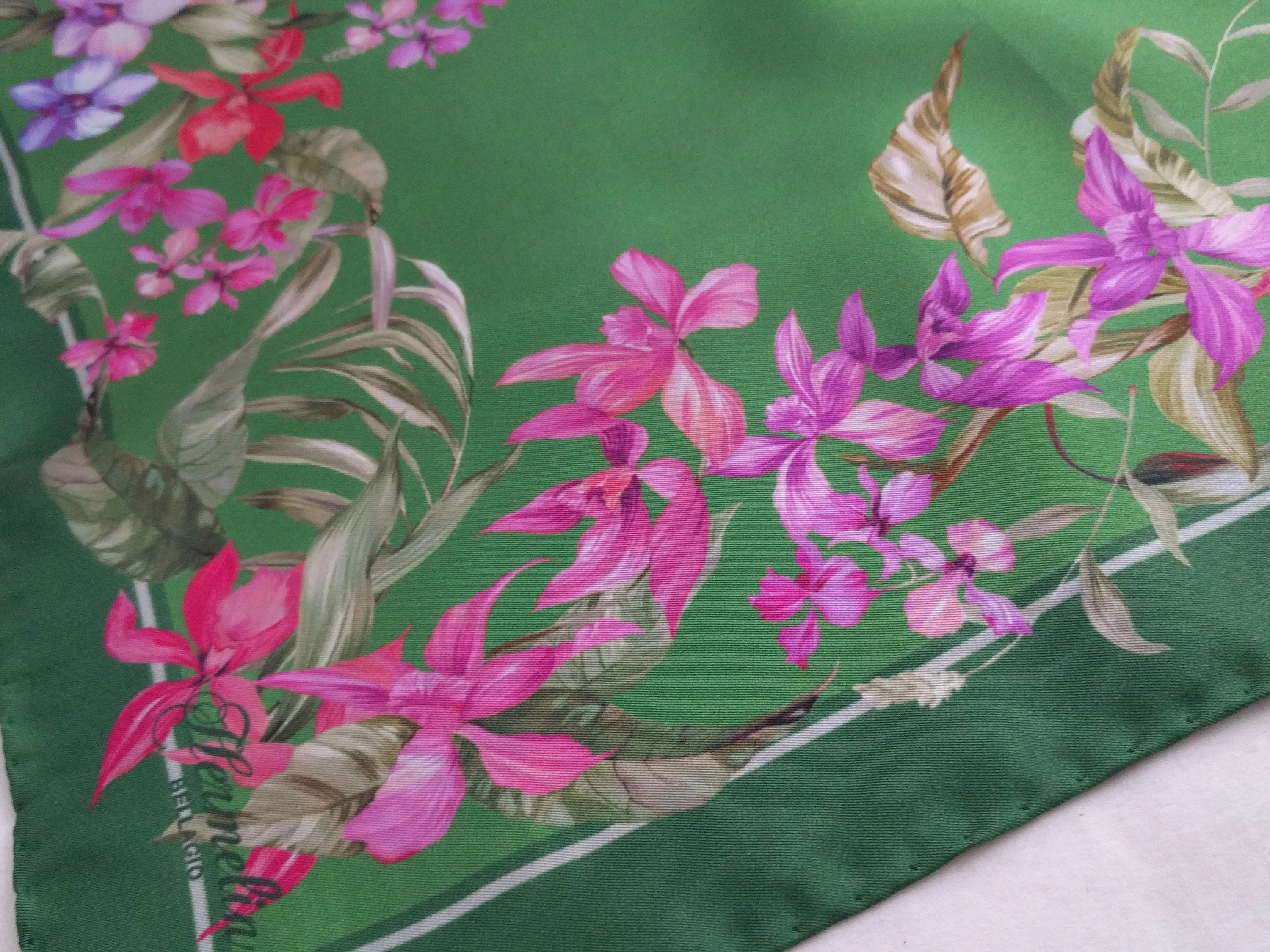 Italian Silk Scarf – Small Green Como Silk Scarf, Magenta & Red Accents, Made in Italy, 19.5" Square with Rolled Edges