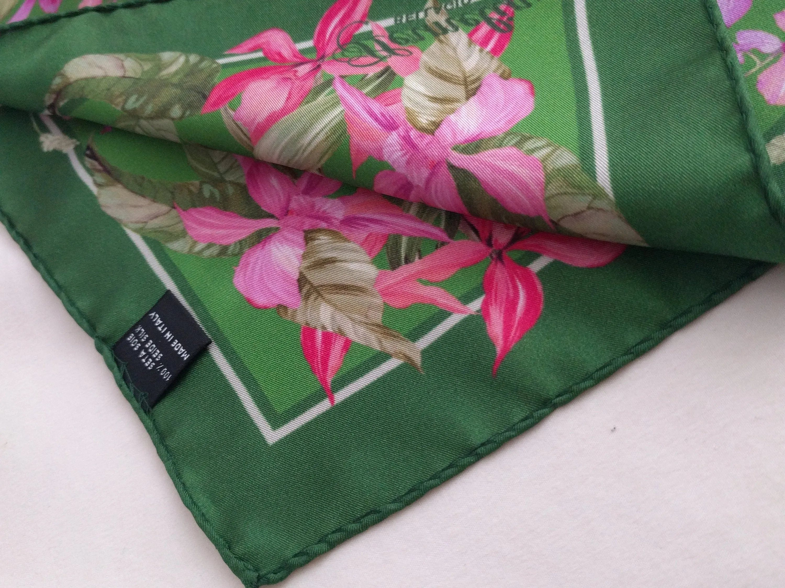 Italian Silk Scarf – Small Green Como Silk Scarf, Magenta & Red Accents, Made in Italy, 19.5" Square with Rolled Edges